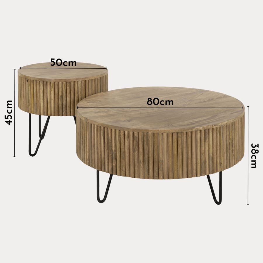 Lot de 2 tables en bois de manguier pi&egrave;tement en acier noir