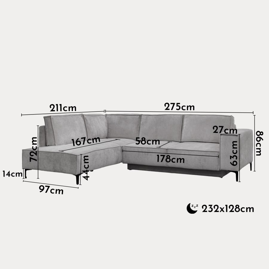 Canapé d'angle convertible en tissu gris clair - Angle gauche