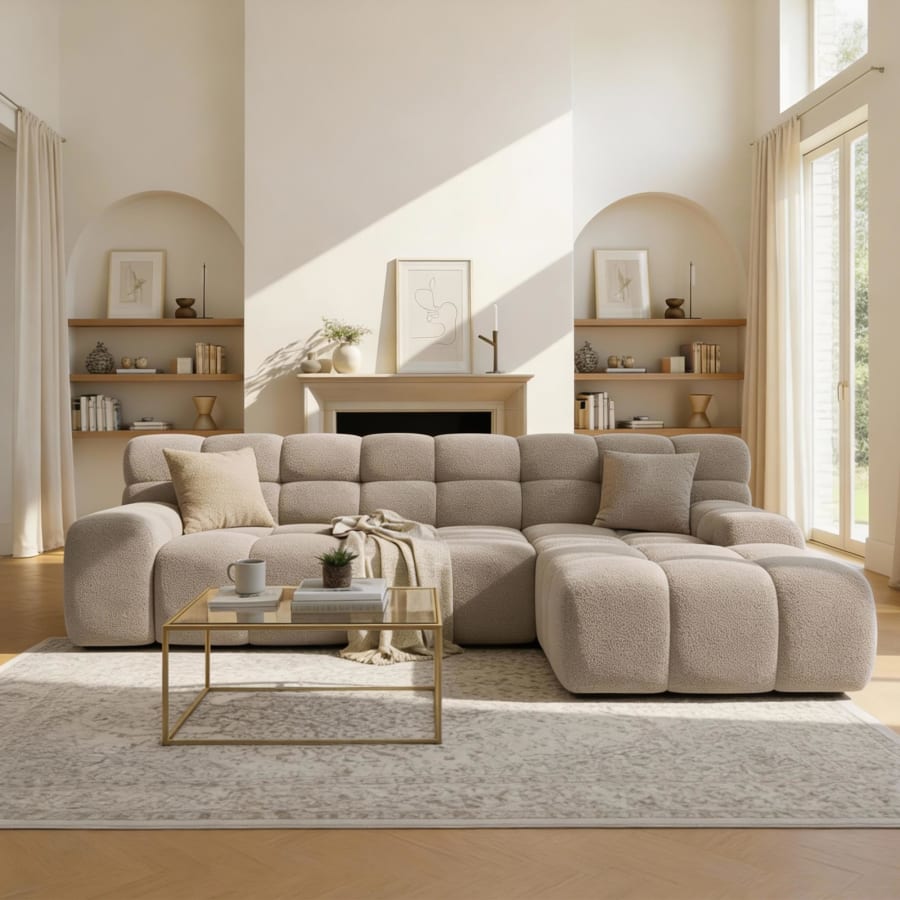 Canap&eacute; d'angle tissu bouclette beige fonc&eacute; - Angle droit