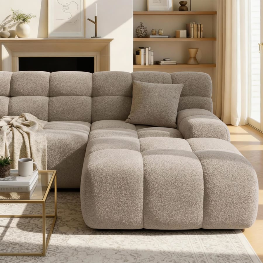 Canap&eacute; d'angle tissu bouclette beige fonc&eacute; - Angle droit