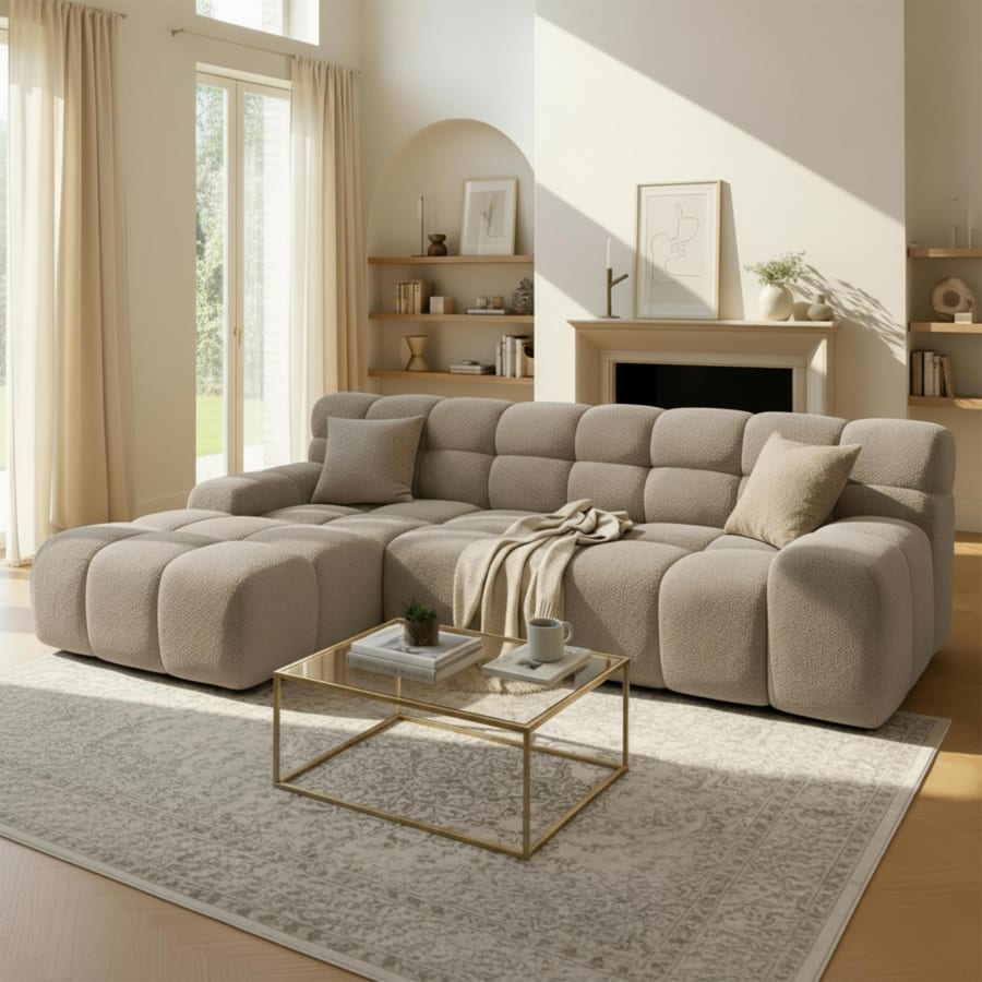 Canap&eacute; d'angle tissu bouclette beige fonc&eacute; - Angle gauche