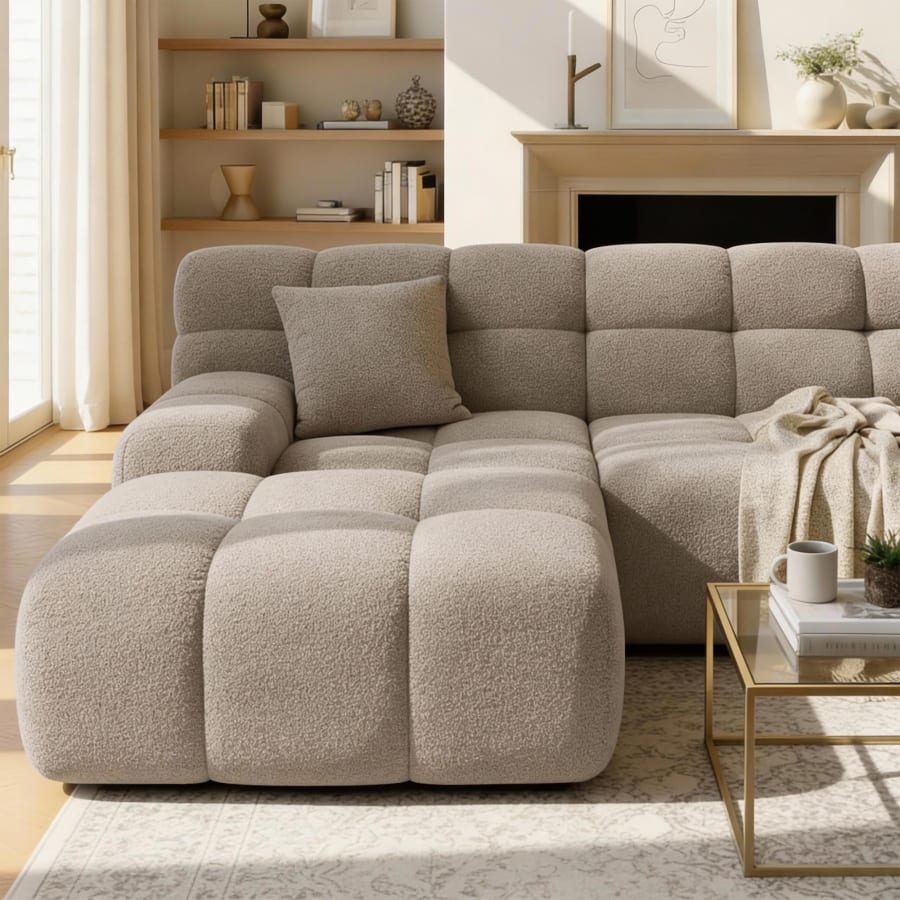 Canap&eacute; d'angle tissu bouclette beige fonc&eacute; - Angle gauche