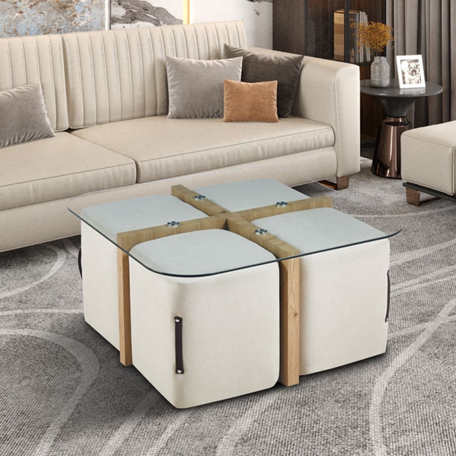 Table basse en verre socle couleur bois avec 4 poufs en tissu blanc &eacute;cru