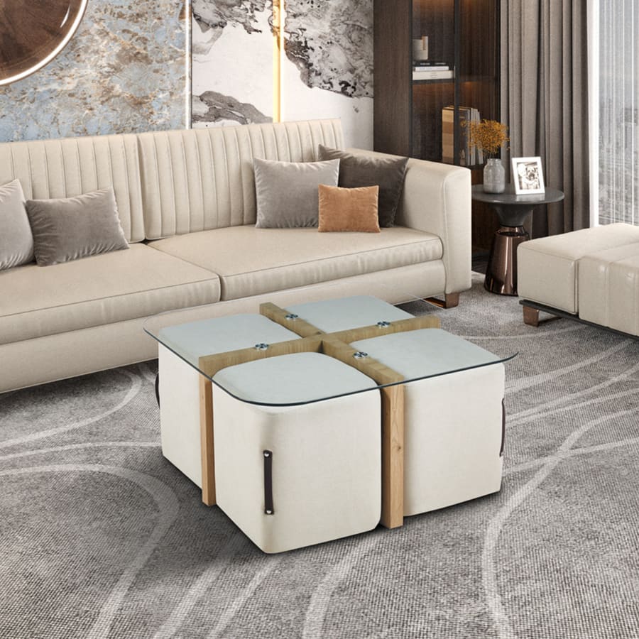Table basse en verre socle couleur bois avec 4 poufs en tissu blanc &eacute;cru