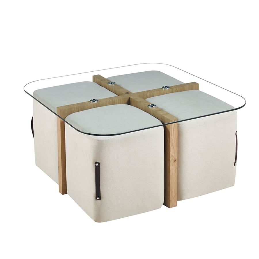 Table basse en verre socle couleur bois avec 4 poufs en tissu blanc &eacute;cru