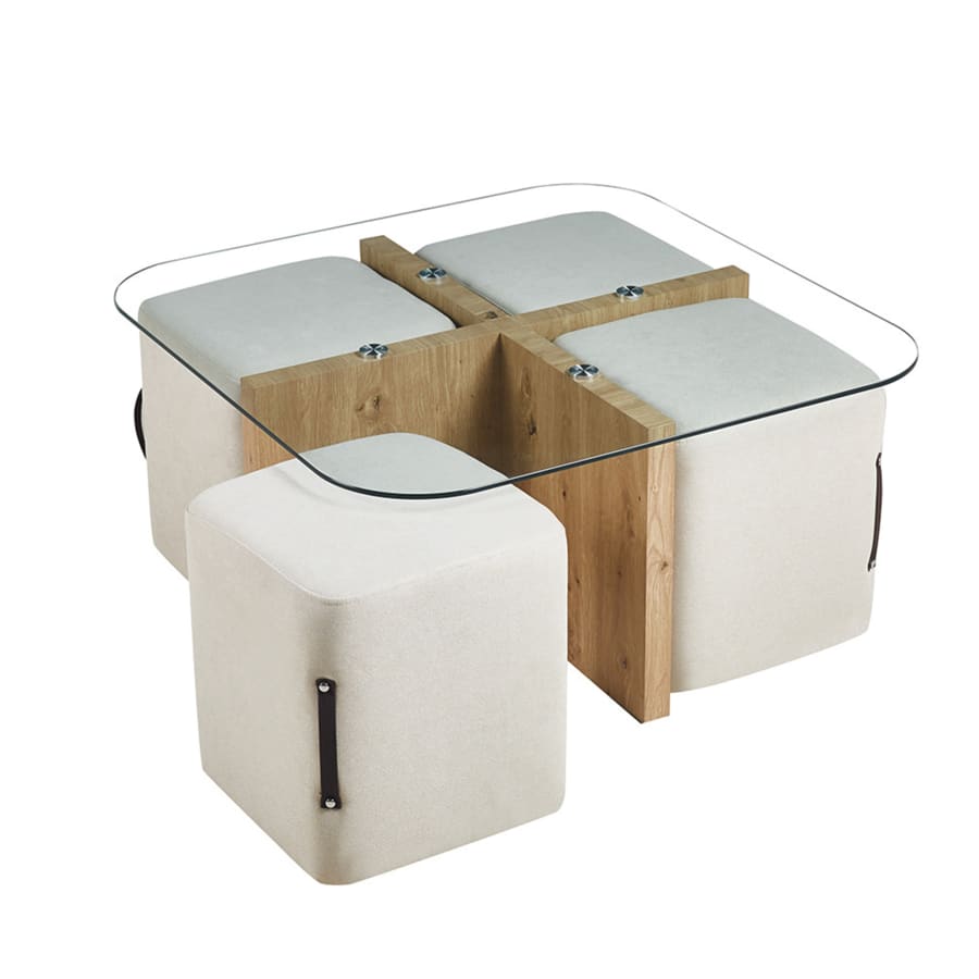 Table basse en verre socle couleur bois avec 4 poufs en tissu blanc &eacute;cru