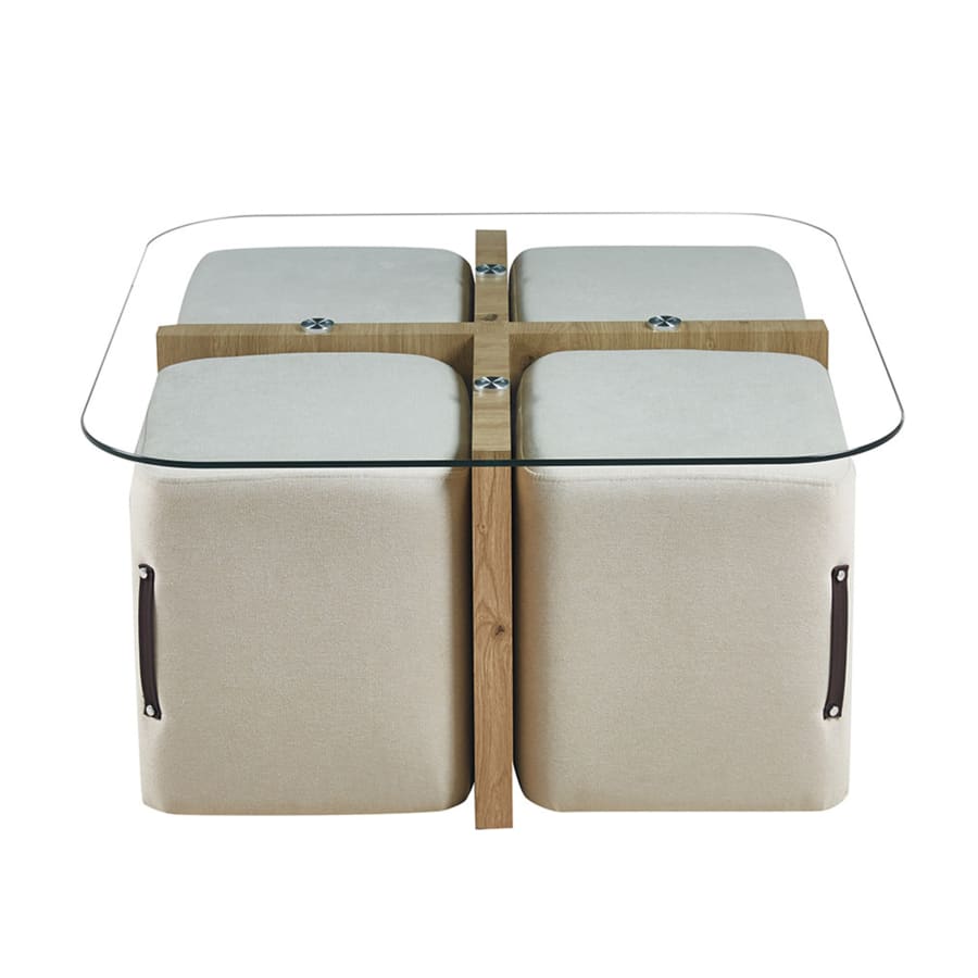 Table basse en verre socle couleur bois avec 4 poufs en tissu blanc &eacute;cru