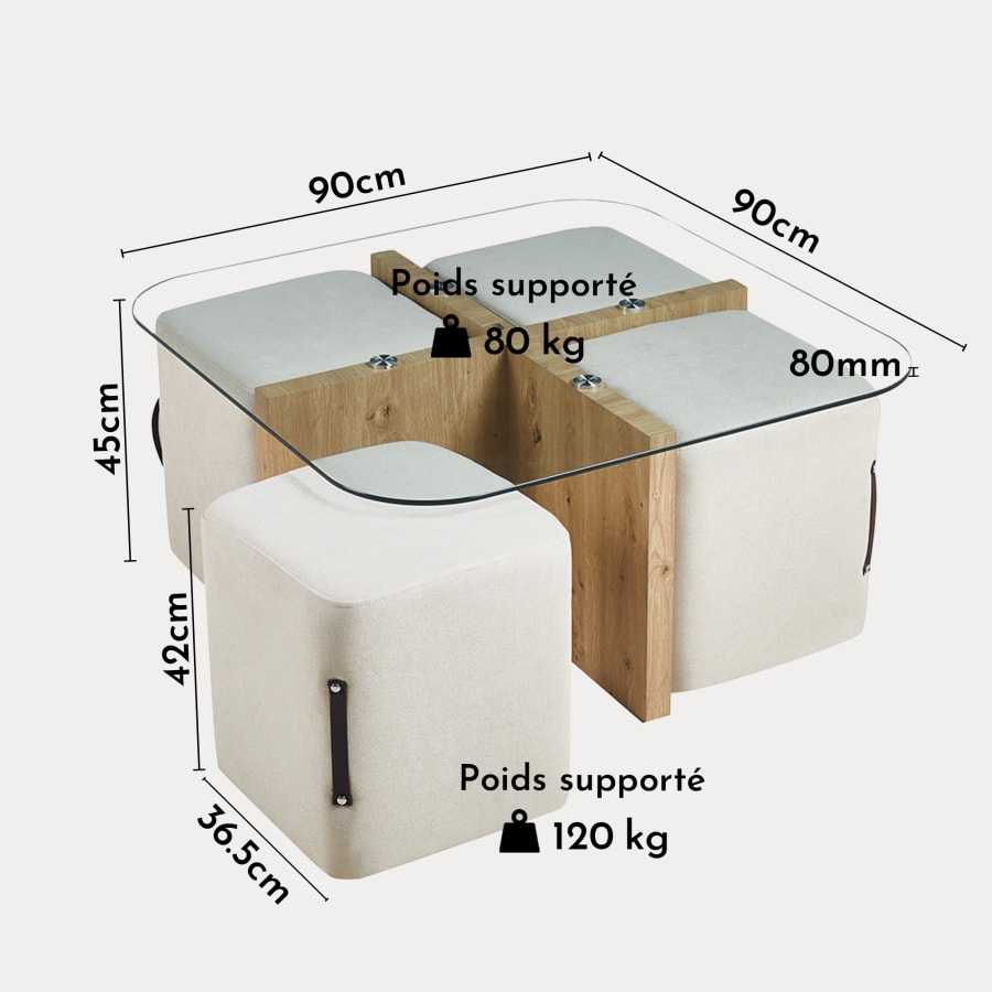 Table basse en verre socle couleur bois avec 4 poufs en tissu blanc &eacute;cru