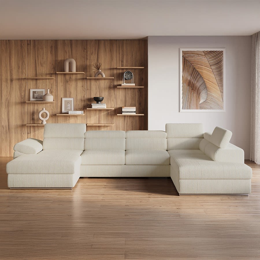 Canap&eacute; panoramique convertible avec coffre en velours c&ocirc;tel&eacute; &eacute;pais beige - Angle gauche