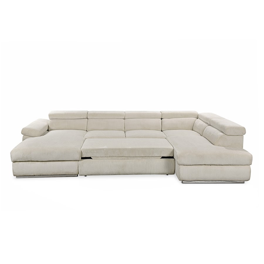 Canap&eacute; panoramique convertible avec coffre en velours c&ocirc;tel&eacute; &eacute;pais beige - Angle gauche