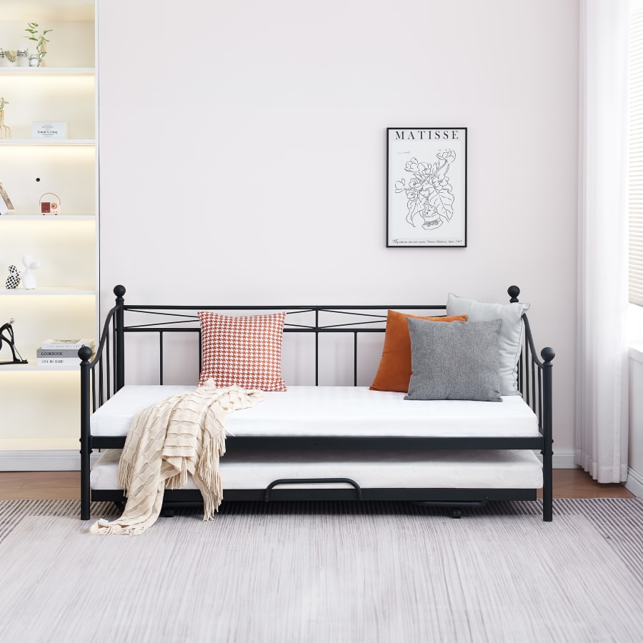 Lit banquette gigogne en m&eacute;tal noir 90x190 cm