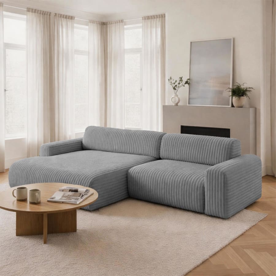 Canap&eacute; d'angle en velours gros c&ocirc;tel&eacute; gris fonc&eacute; - Angle gauche