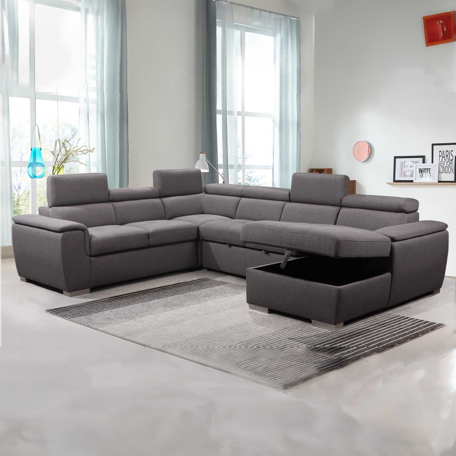 Canapé panoramique convertible en tissu gris avec coffre de rangement - Angle Droit