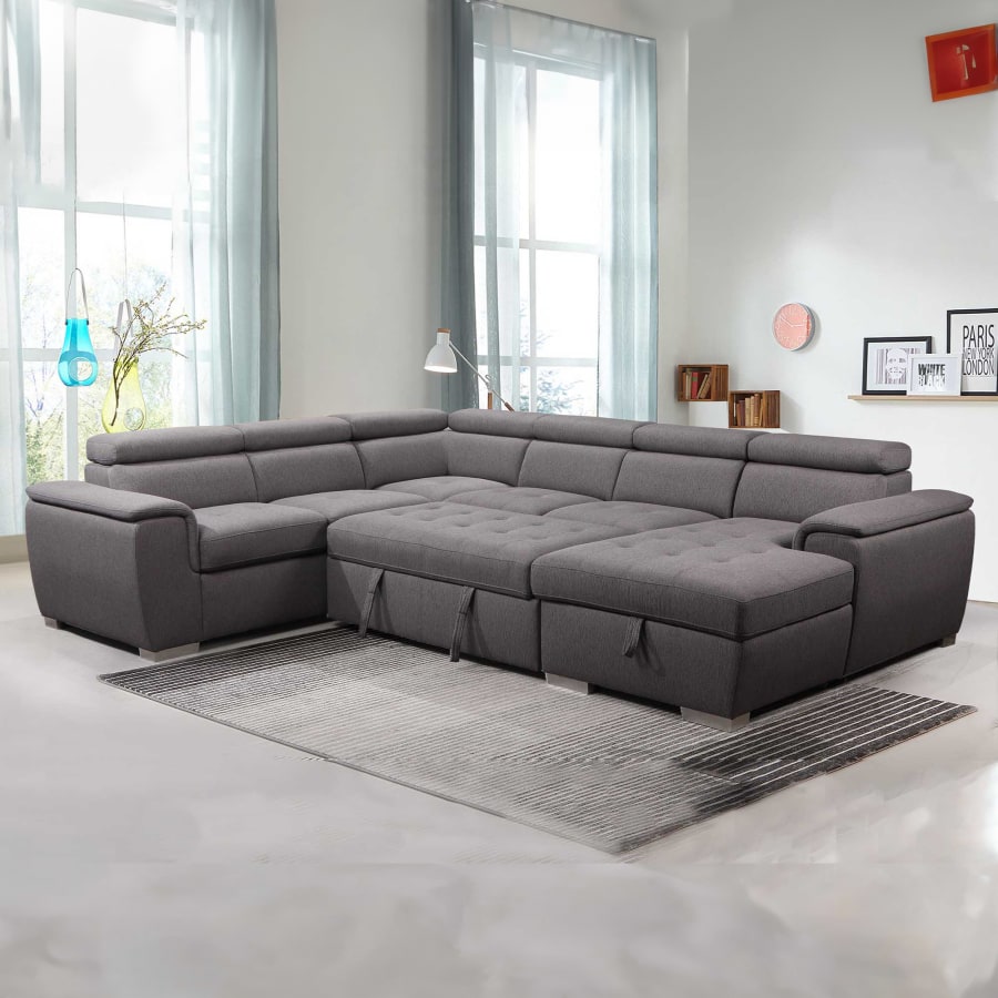 Canapé panoramique convertible en tissu gris avec coffre de rangement - Angle Droit