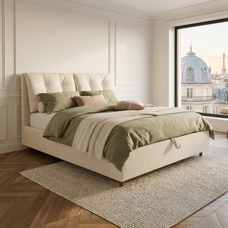 Lit double en tissu beige avec coffre 180x200 cm