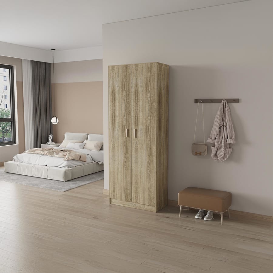 Armoire 2 portes 5 &eacute;tag&egrave;res couleur bois clair