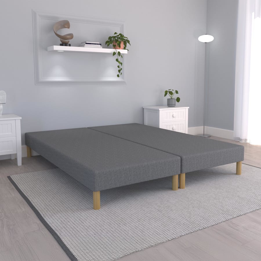 Sommier tapissier tissu gris piètement en bois 2x 80x200 cm