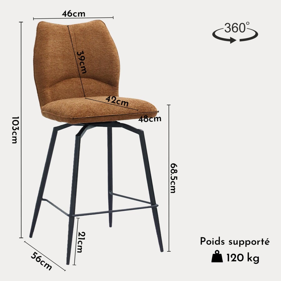 Lot de 2 tabourets pivotants en tissu rouille piètement métal noir