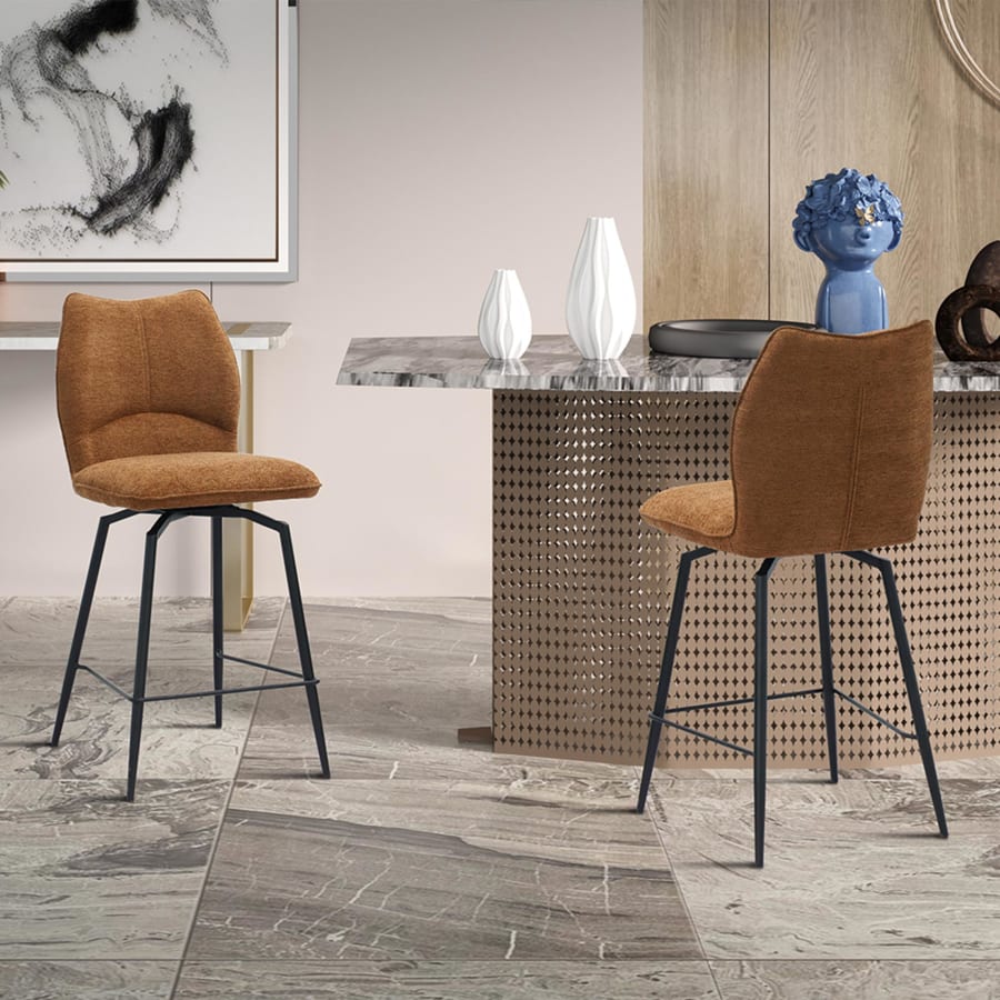 Lot de 2 tabourets pivotants en tissu rouille piètement métal noir