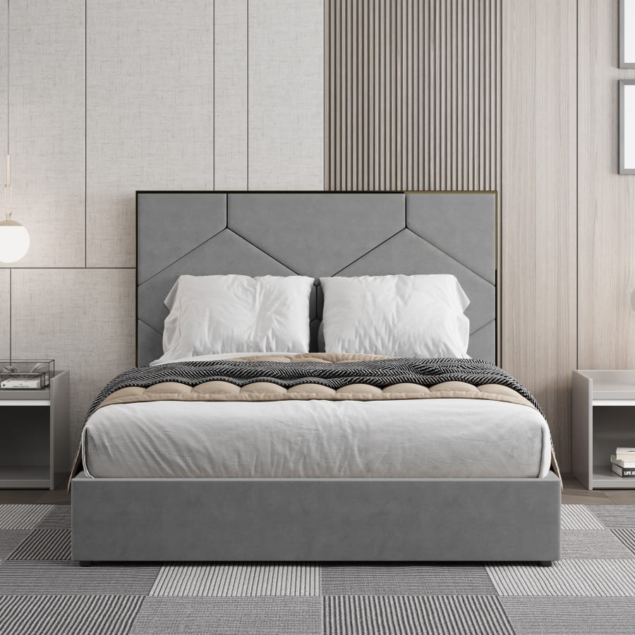 Lit design avec coffre de rangement en velours gris 140x190 cm