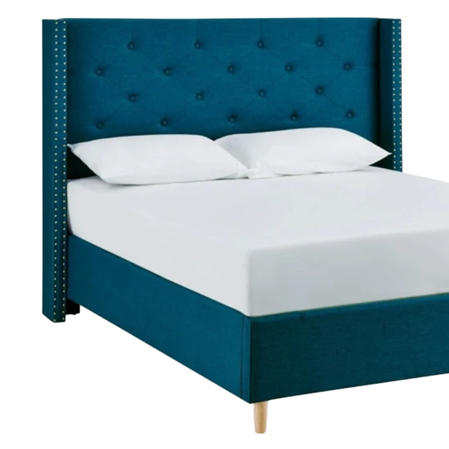 Lit 180x200 cm en tissu capitonné bleu