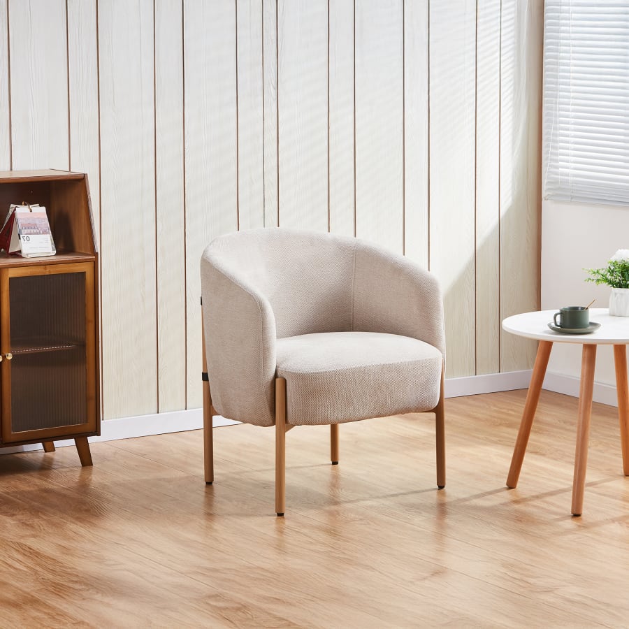 Fauteuil en tissu beige pieds couleur bois