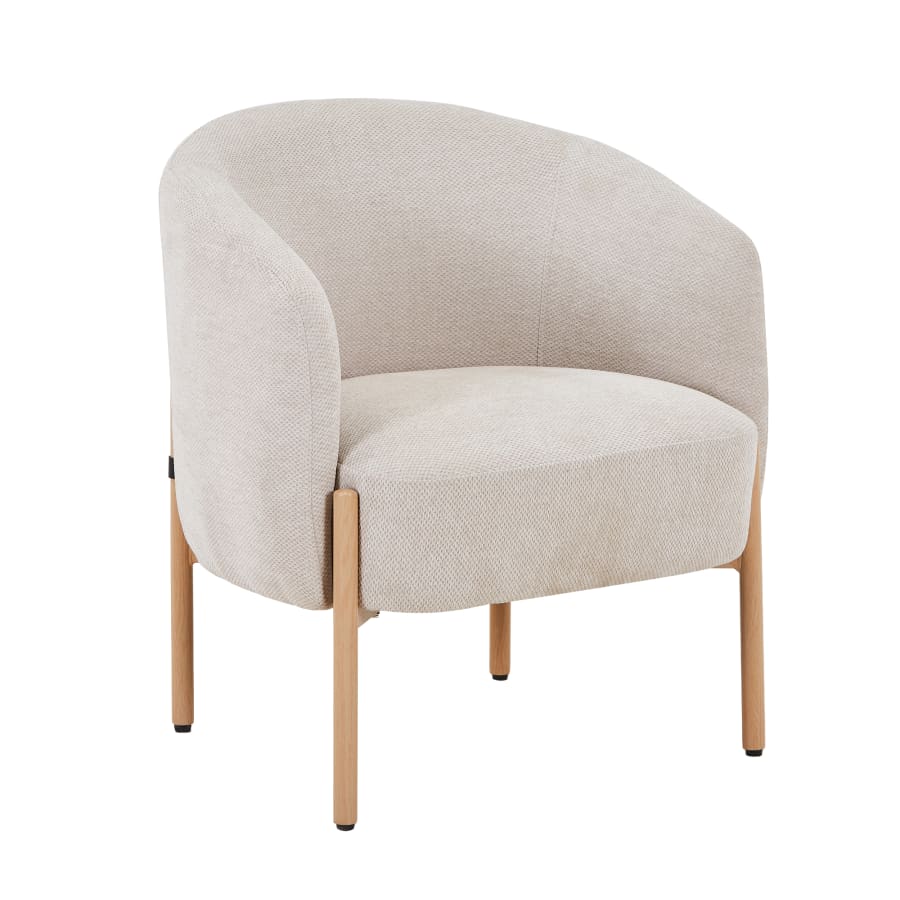 Fauteuil en tissu beige pieds couleur bois