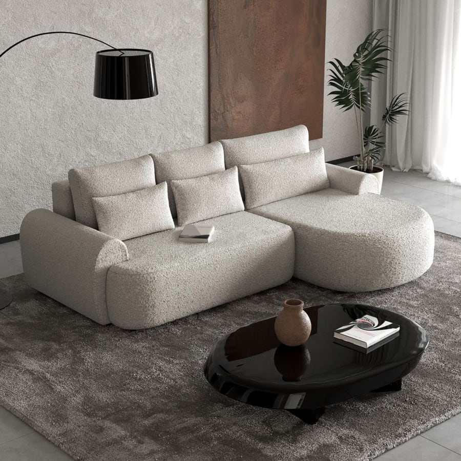 Canapé d'angle convertible avec coffre en tissu bouclette beige - Angle droit