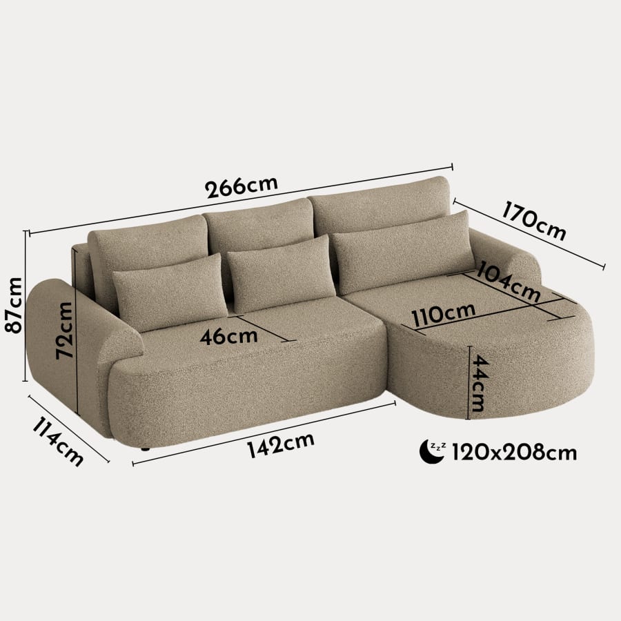 Canapé d'angle convertible avec coffre en tissu bouclette taupe - Angle droit