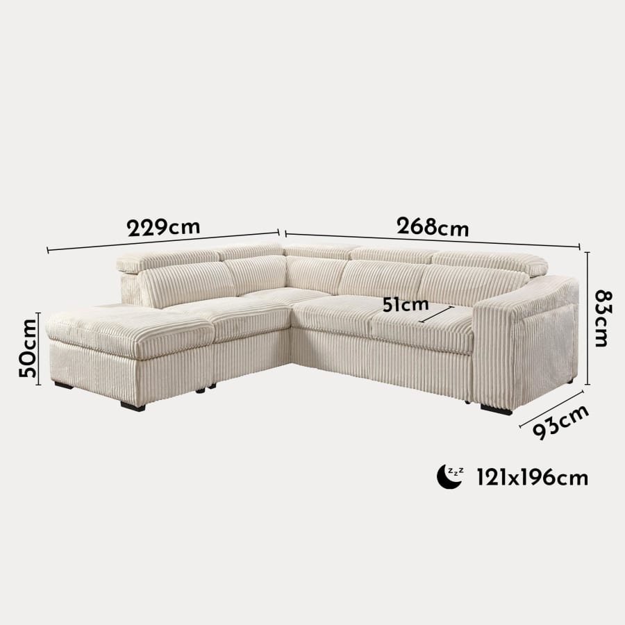 Canapé d'angle convertible avec coffre en velours côtelé beige - Angle gauche