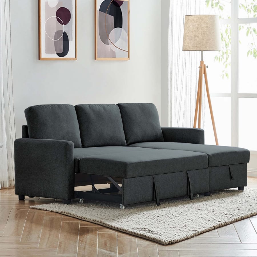 Canap&eacute; convertible avec coffre de rangement angle r&eacute;versible en tissu gris anthracite