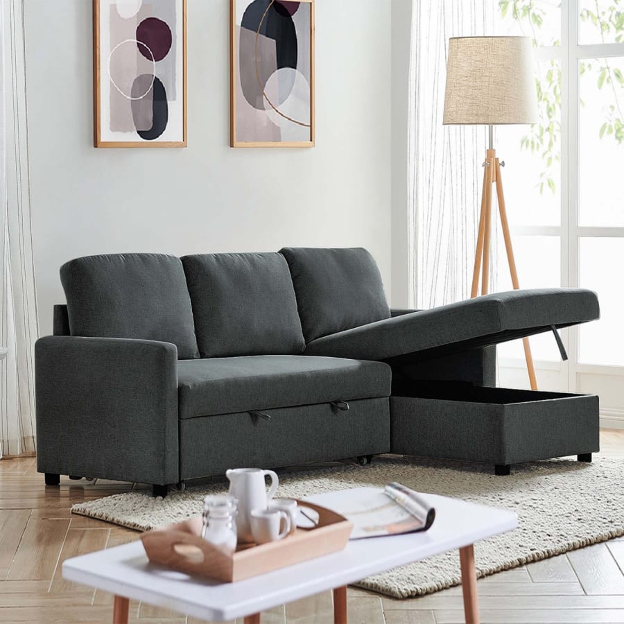 Canap&eacute; convertible avec coffre de rangement angle r&eacute;versible en tissu gris anthracite