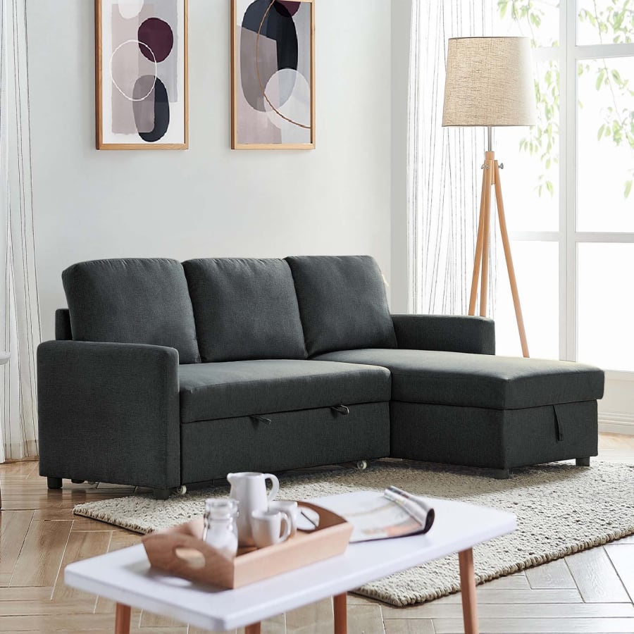 Canap&eacute; convertible avec coffre de rangement angle r&eacute;versible en tissu gris anthracite