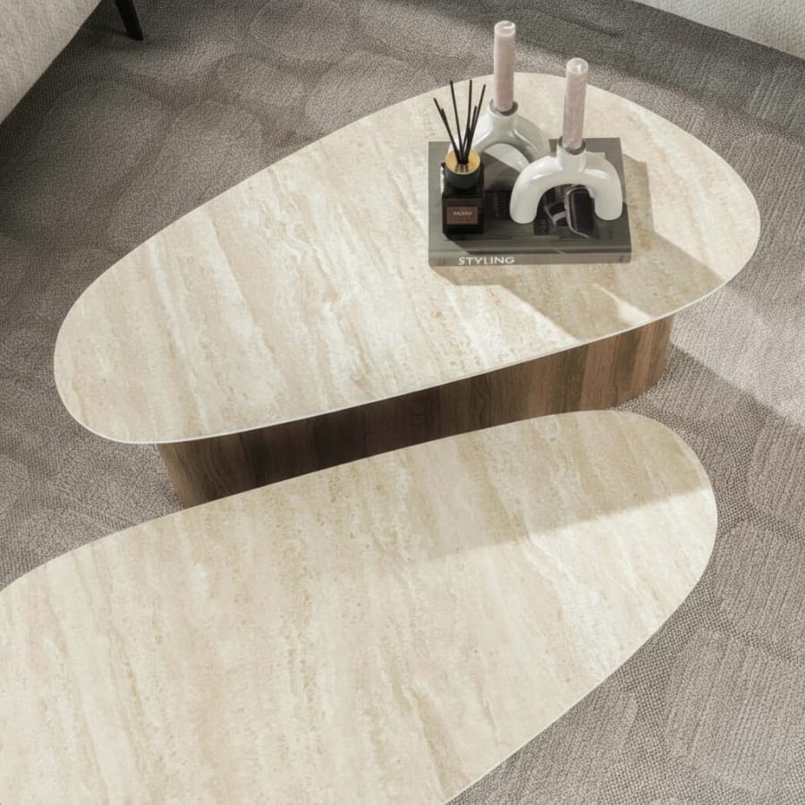 Lot de 2 tables basses en c&eacute;ramique beige pieds couleur ch&ecirc;ne