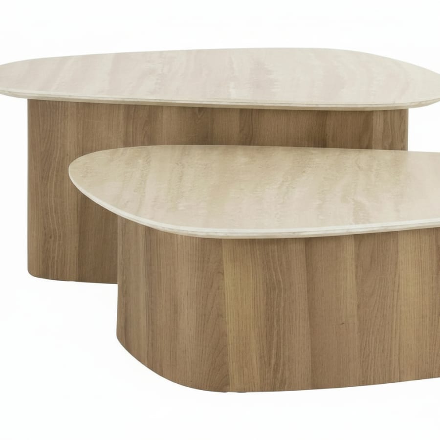 Lot de 2 tables basses en c&eacute;ramique beige pieds couleur ch&ecirc;ne