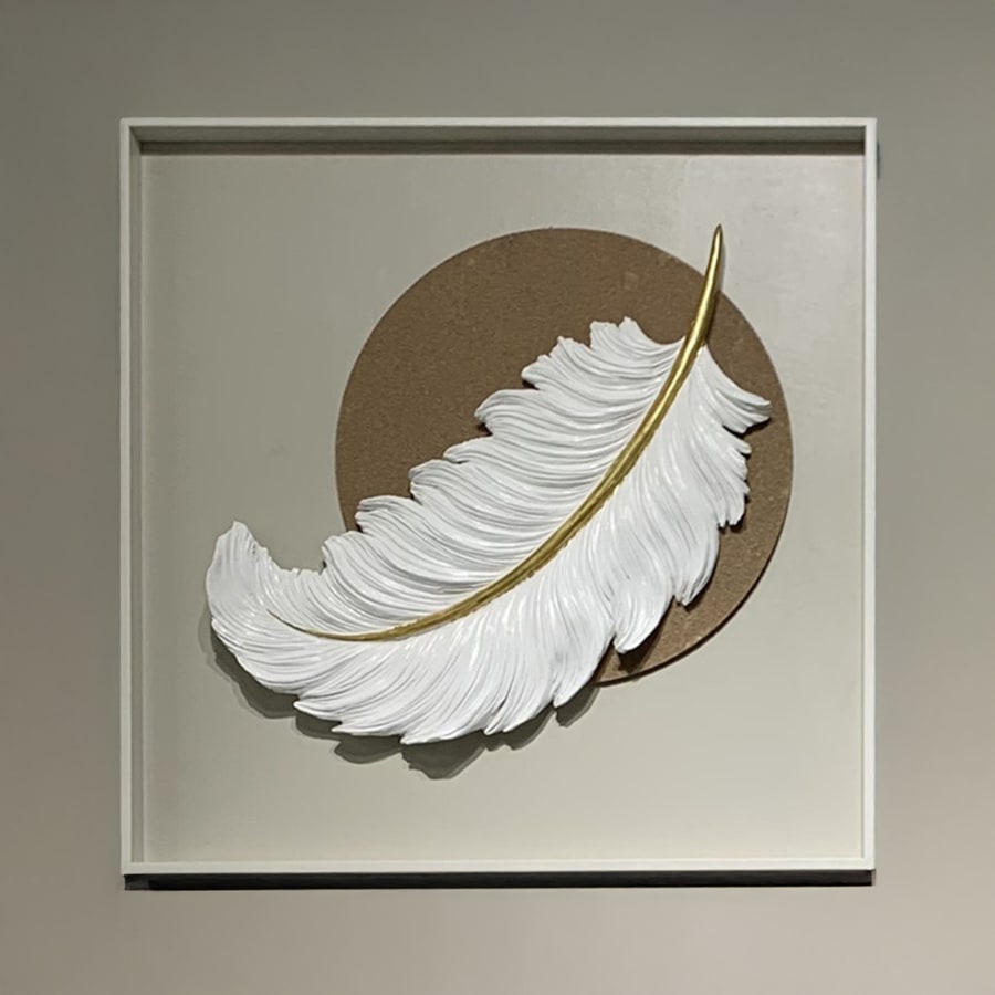 Tableau peinture &agrave; l'huile beige plume en relief cadre en aluminium - 50x50 cm