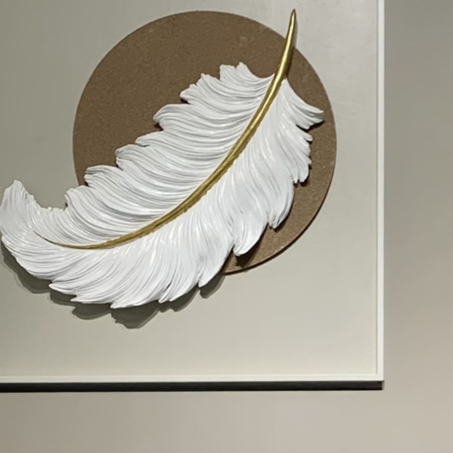 Tableau peinture &agrave; l'huile beige plume en relief cadre en aluminium - 50x50 cm