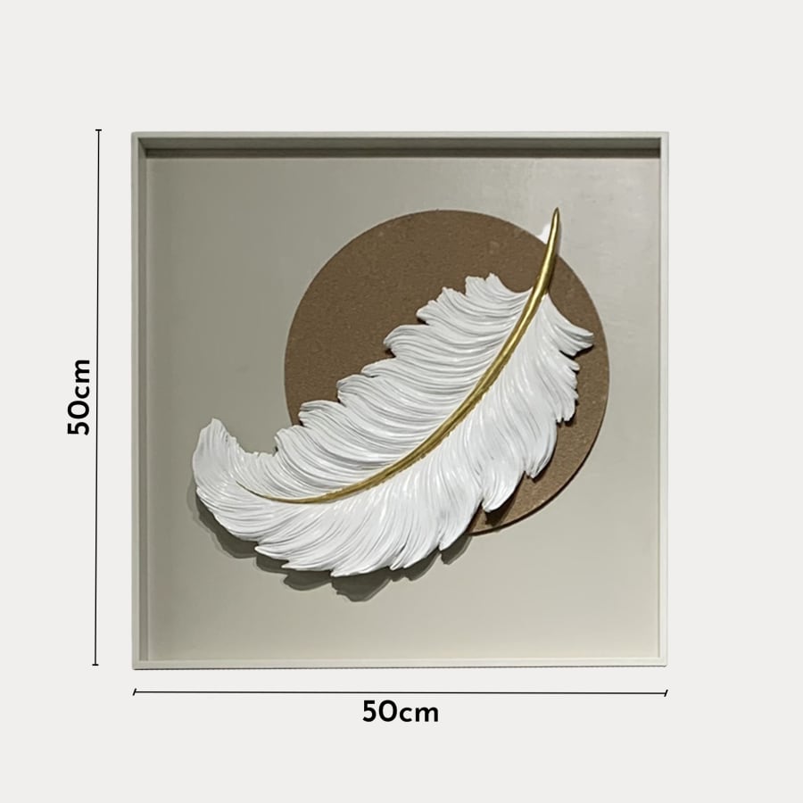 Tableau peinture &agrave; l'huile beige plume en relief cadre en aluminium - 50x50 cm