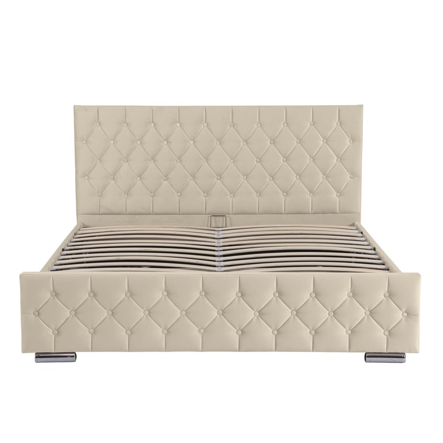 Lit double capitonné 140x190 cm avec coffre en velours beige