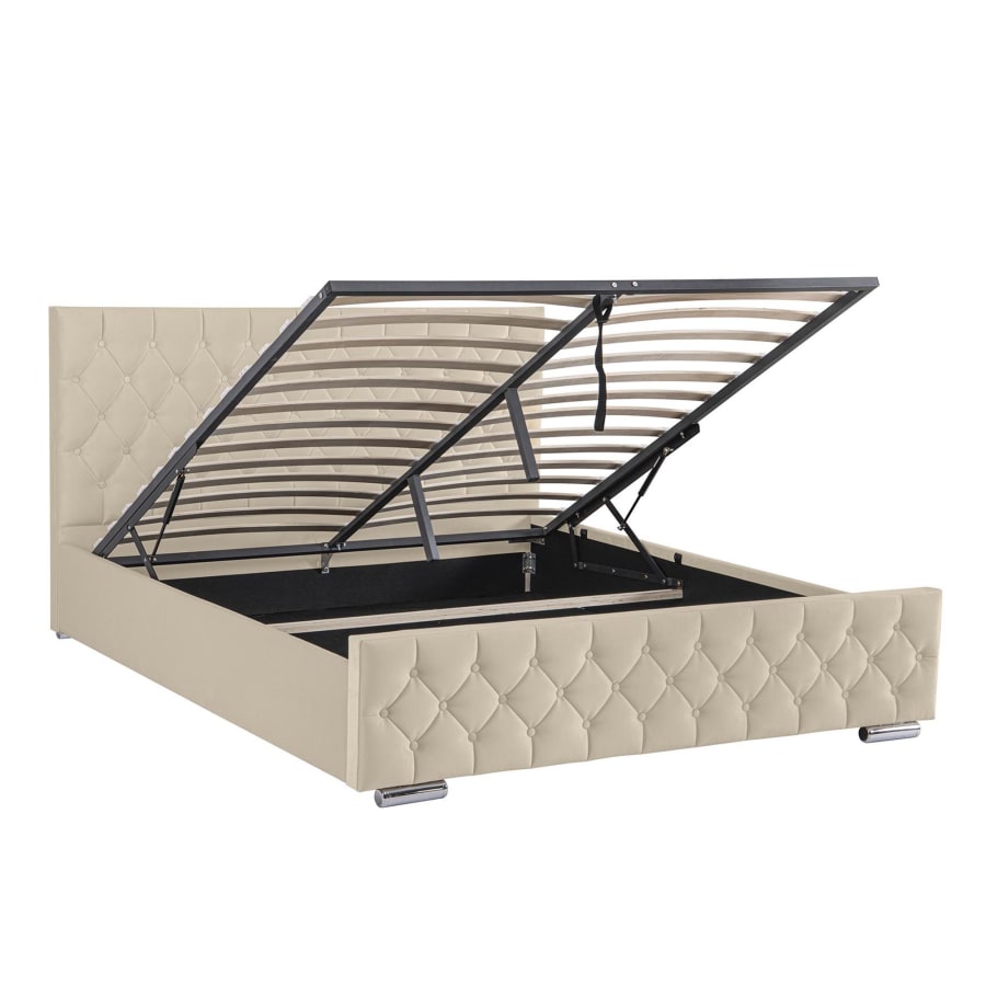Lit double capitonn&eacute; 140x190 cm avec coffre en velours beige