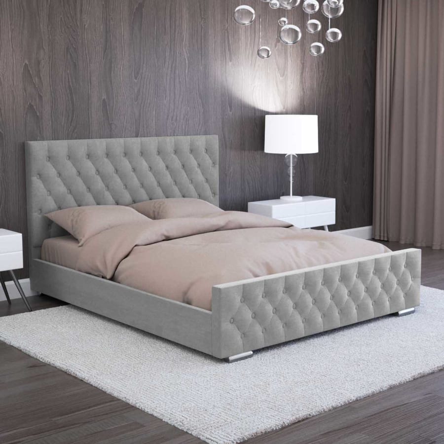 Lit double capitonn&eacute; 140x190 cm avec coffre en velours gris