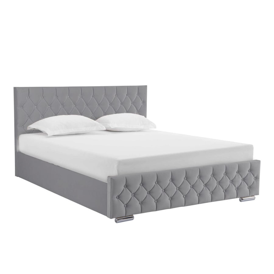 Lit double capitonn&eacute; 140x190 cm avec coffre en velours gris