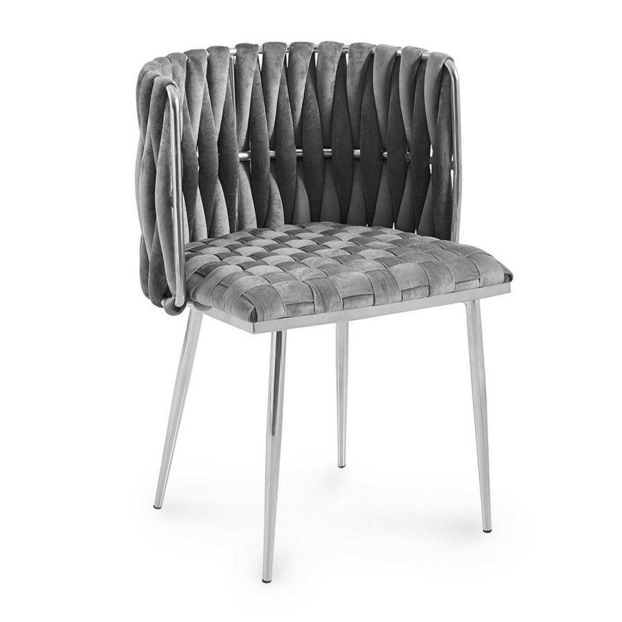 Lot de 2 chaises en velours tressé gris et pieds argentés