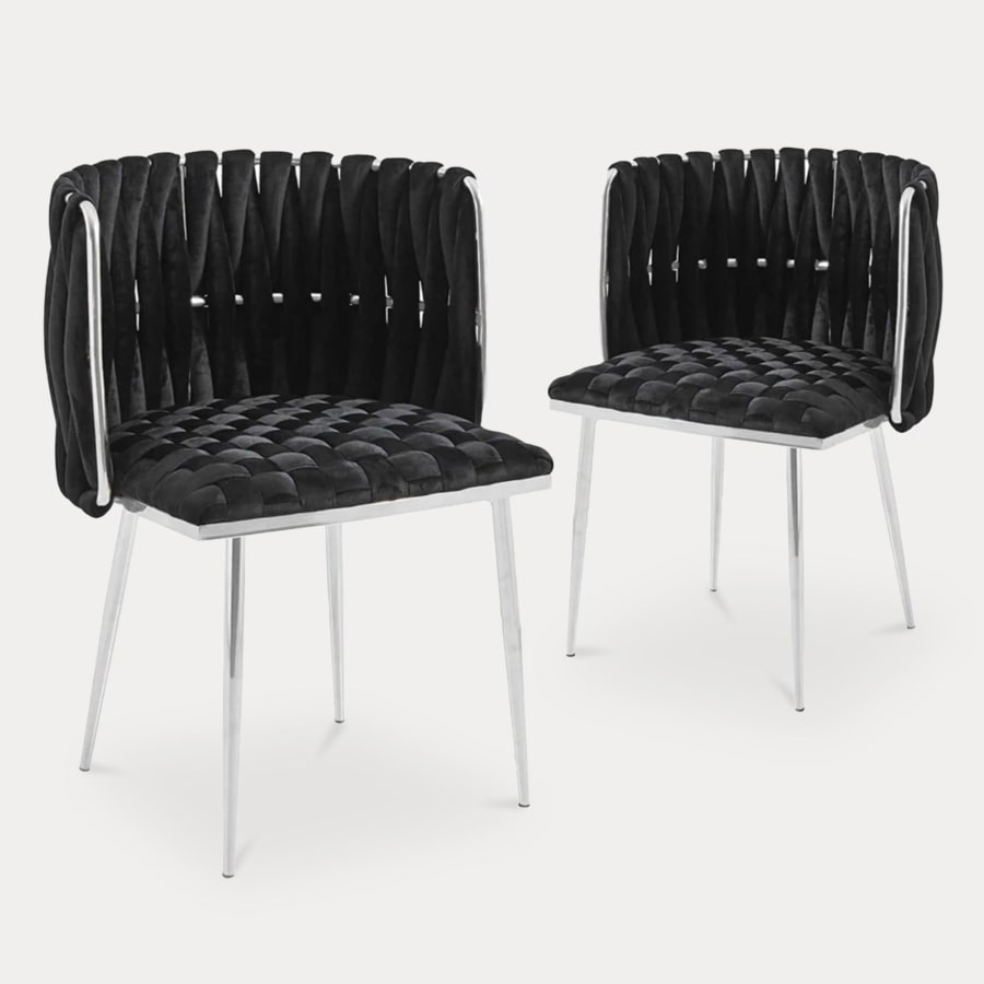 Lot de 2 chaises en velours tressé noir et pieds argentés