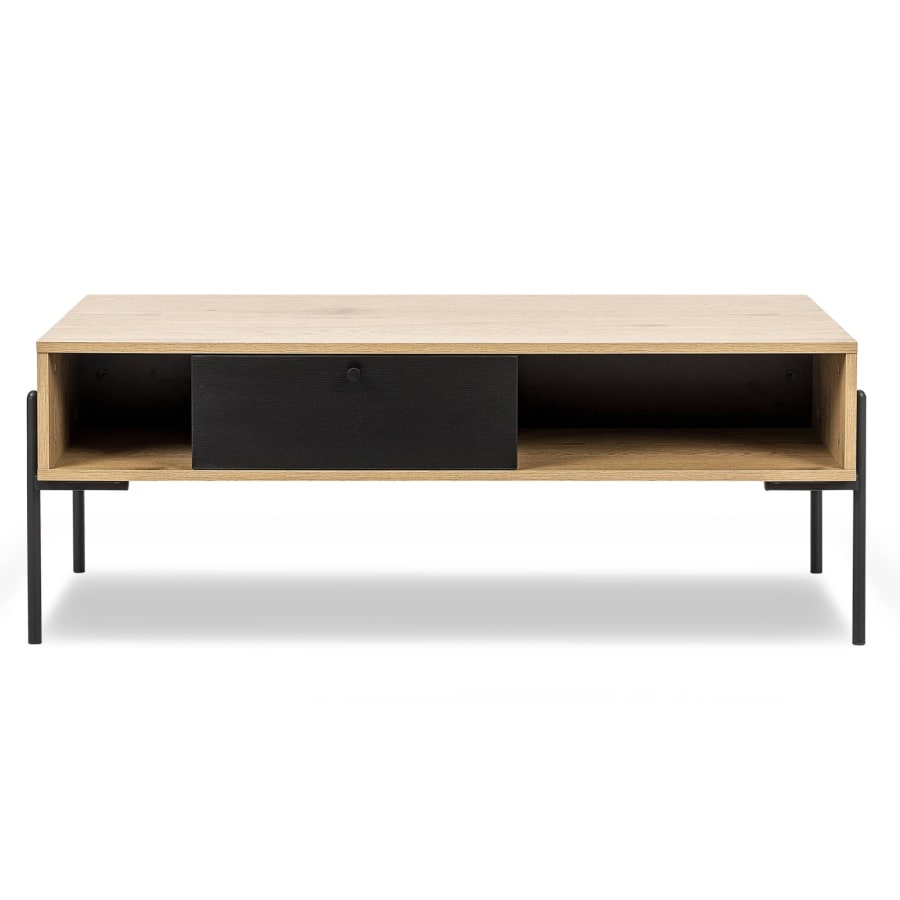 Table basse avec rangement en bois clair et m&eacute;tal noir