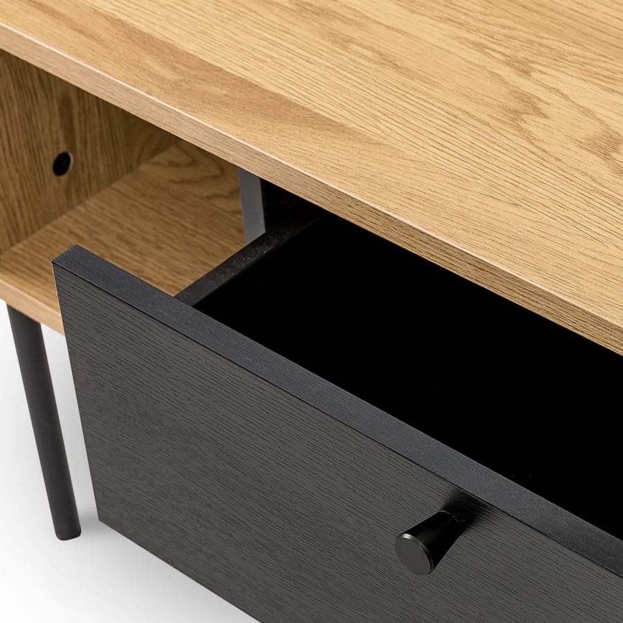 Table basse avec rangement en bois clair et m&eacute;tal noir