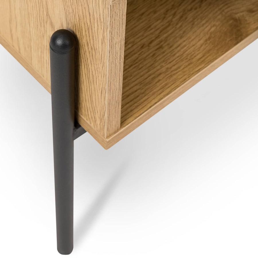 Table basse avec rangement en bois clair et m&eacute;tal noir