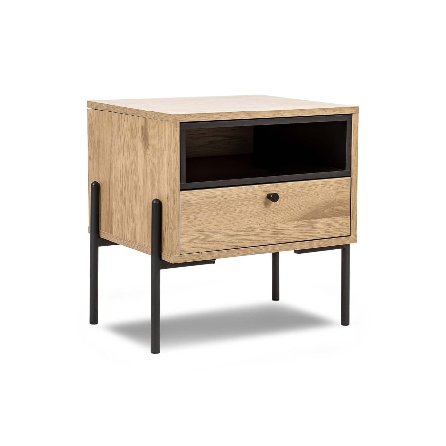 Table de chevet avec 1 tiroir en bois clair et m&eacute;tal noir