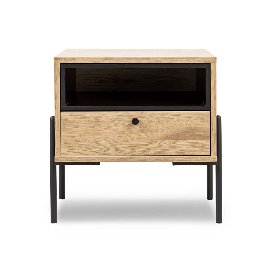 Table de chevet avec 1 tiroir en bois clair et m&eacute;tal noir