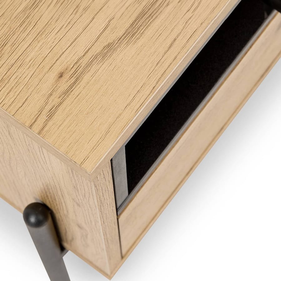 Table de chevet avec 1 tiroir en bois clair et m&eacute;tal noir